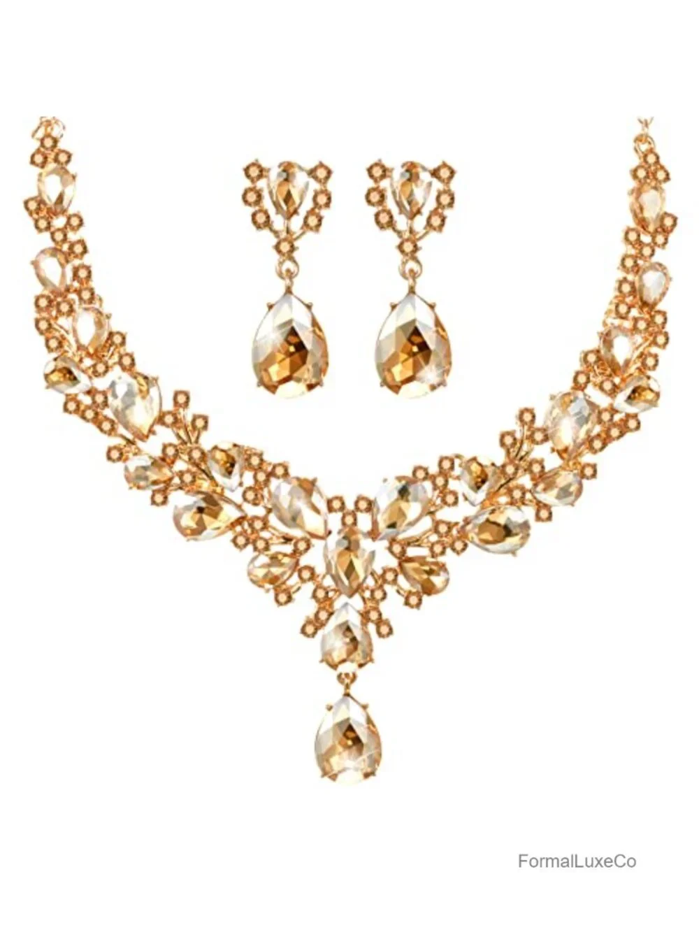 Teardrop Crystal Necklace & Earrings Set Bridal Wedding Jewelry Alloy
